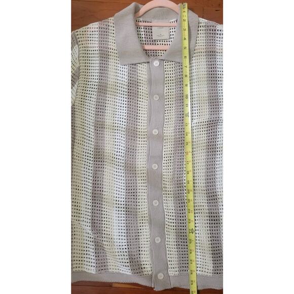 Massive Luxury Crochet Knit Polo Shirt Beige Striped Button Up  M Cotton - Picture 6 of 7